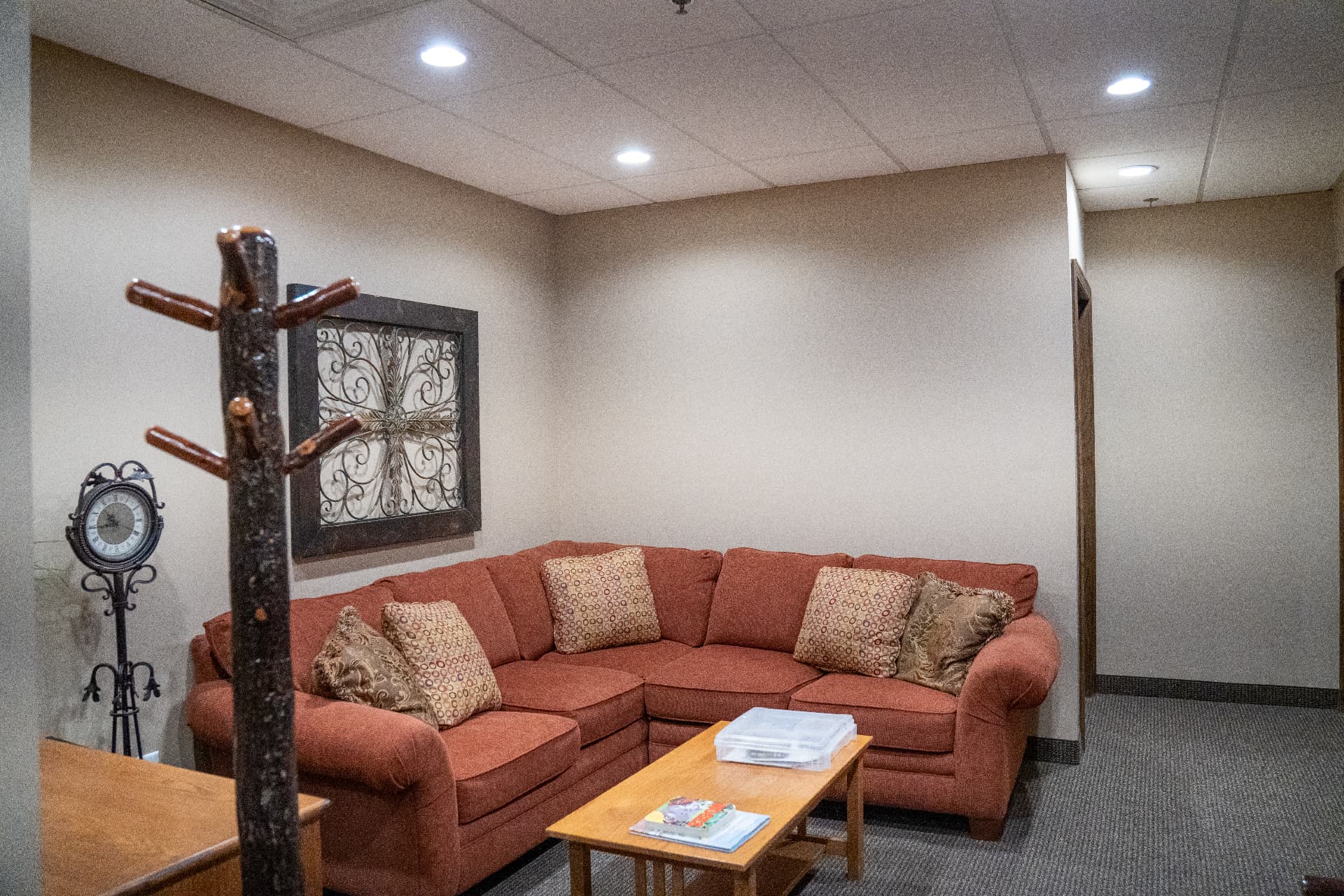 Lower reception seating looking toward the corridor