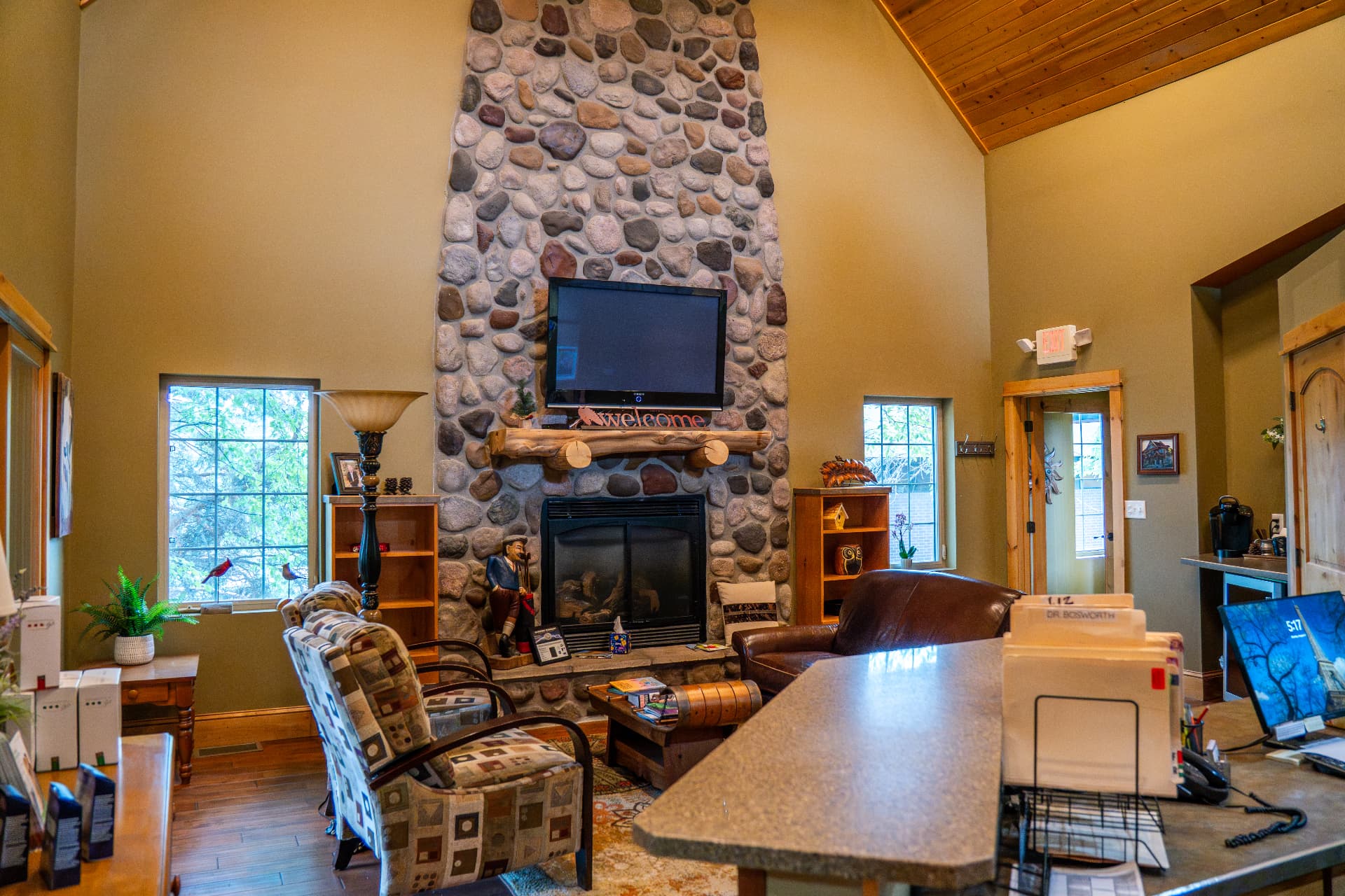 5. Inside: the vaulted lobby and stone fireplace.