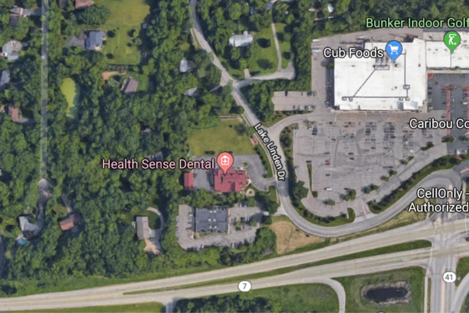 Aerial view of the campus and parking lot