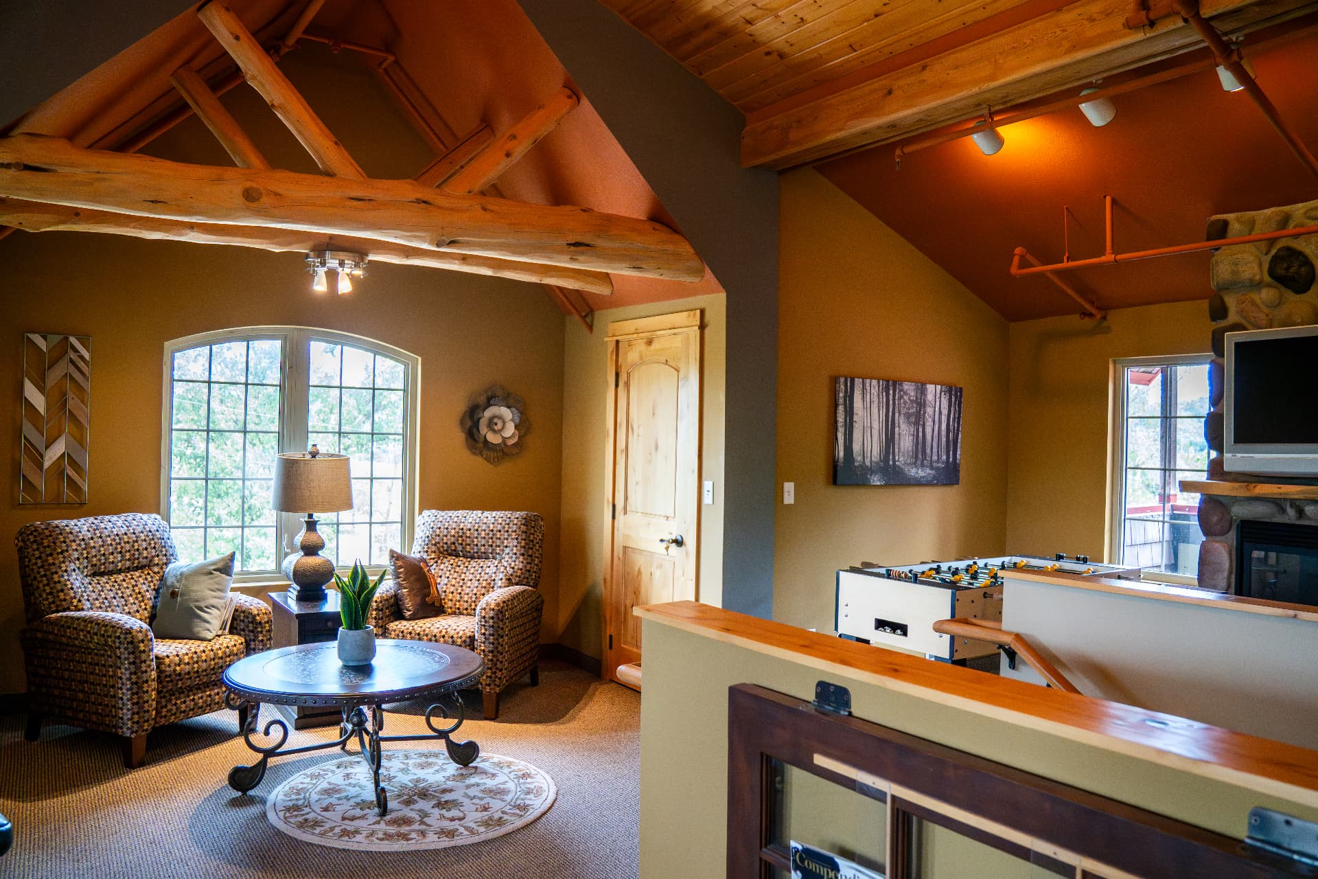 Waiting area seating by the fireplace