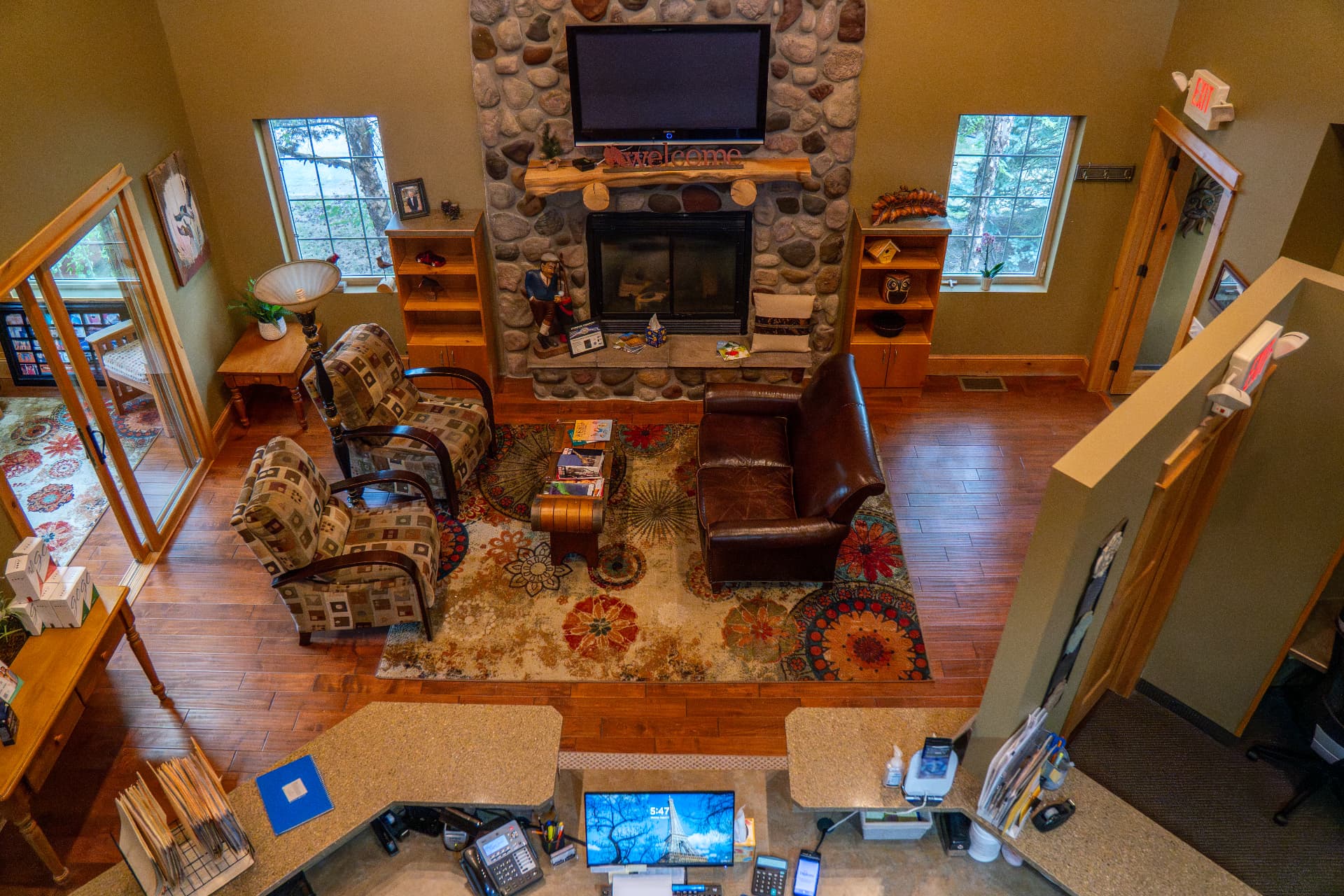 Main lobby - stone fireplace, off the west side doors