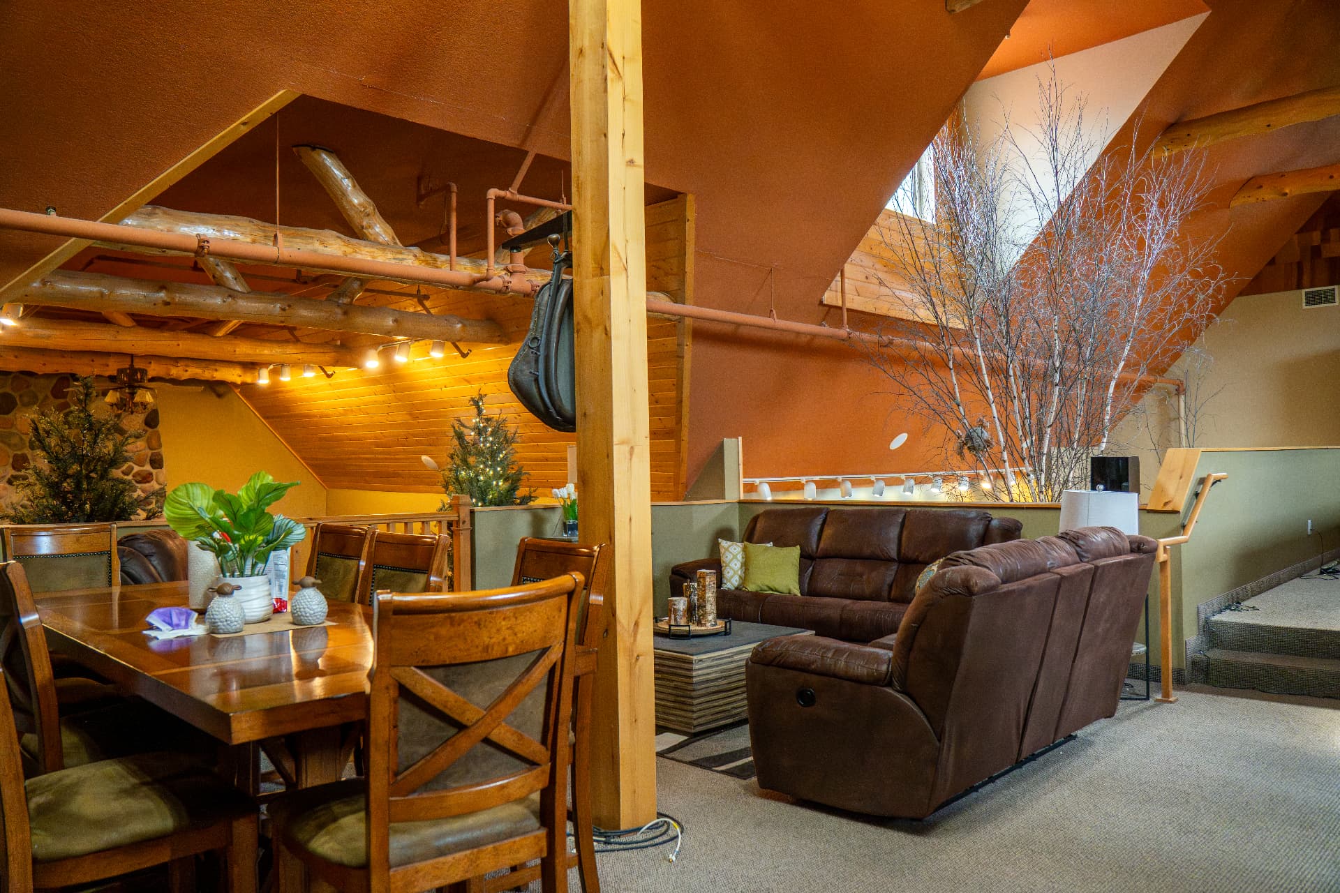 Attic lounge under the timber trusses